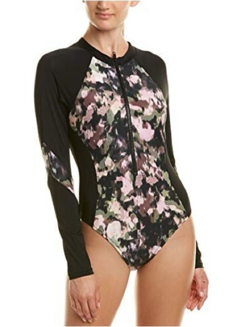 Lucky Brand Black Long-Sleeve Front-Zip One-Piece with Pink Camo